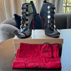 Christian Louboutin Black and Mirror Gold Open-Toe Heel Booties